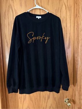 Forever 3 Am Black corded Crewneck Sweater with Orange "Spooky" Script